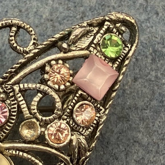 Butterfly Pin Brooch Silver As Is Rhinestone Pink Green Blue Yellow Retro Boho - Picture 7 of 11